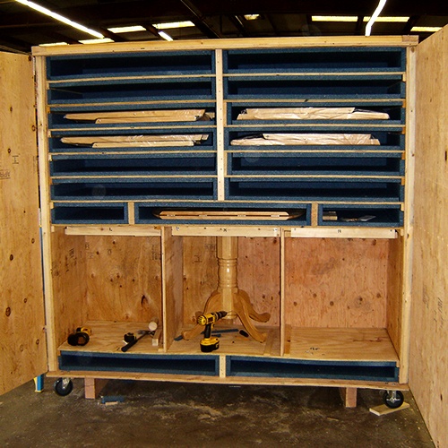 Shelving within the rack crate with foam linings keeps components safe and securely stored during transit
