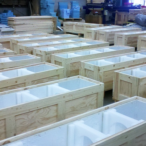 Products sensitive to shock
and vibration require additional
protection as shown in these crates with custom foam inserts