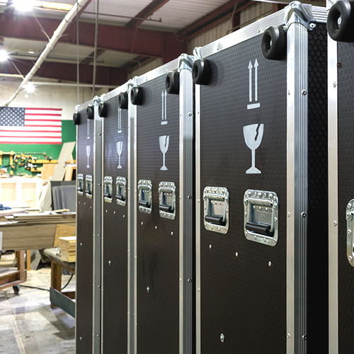 Large ATA cases custom made in the LPC factory lined up ready for shipment to the customer