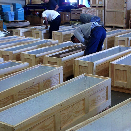 Wooden crates being manufactured at the Larson Packaging Company plant