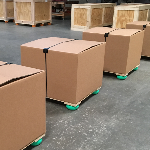 Corrugated box with special cushioning feet to help absorb shock during transport