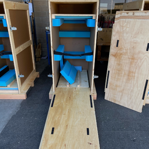 LPC deigned rack crate with foam linings, extra supports, built-in loading ramp and clamps for tool-less opening and closing