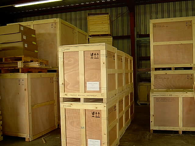 Custom rack server crates in storage, ready to be shipped to the customer